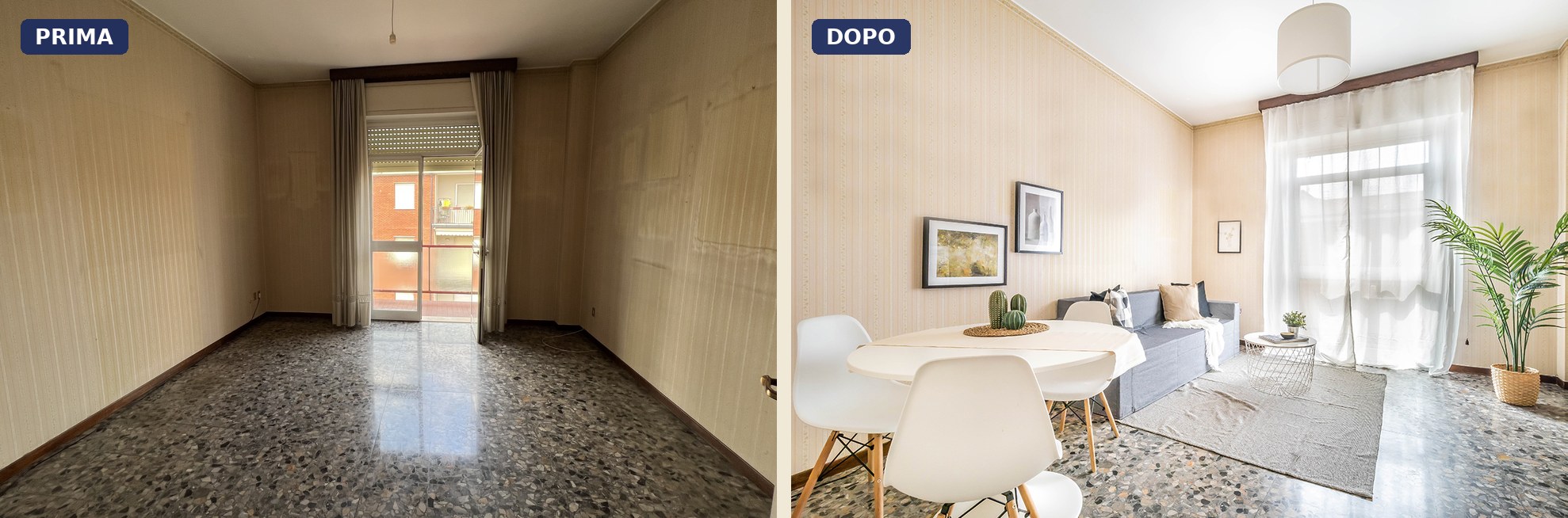 Via Bianchi a Brescia, il soggiorno prima e dopo la valorizzazione con home staging