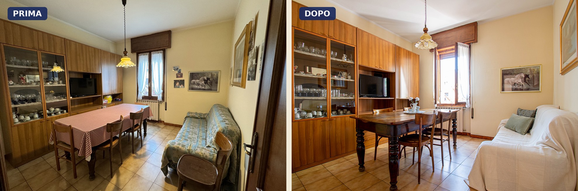 Via Duranti a Brescia, il tinello prima e dopo la valorizzazione con home staging